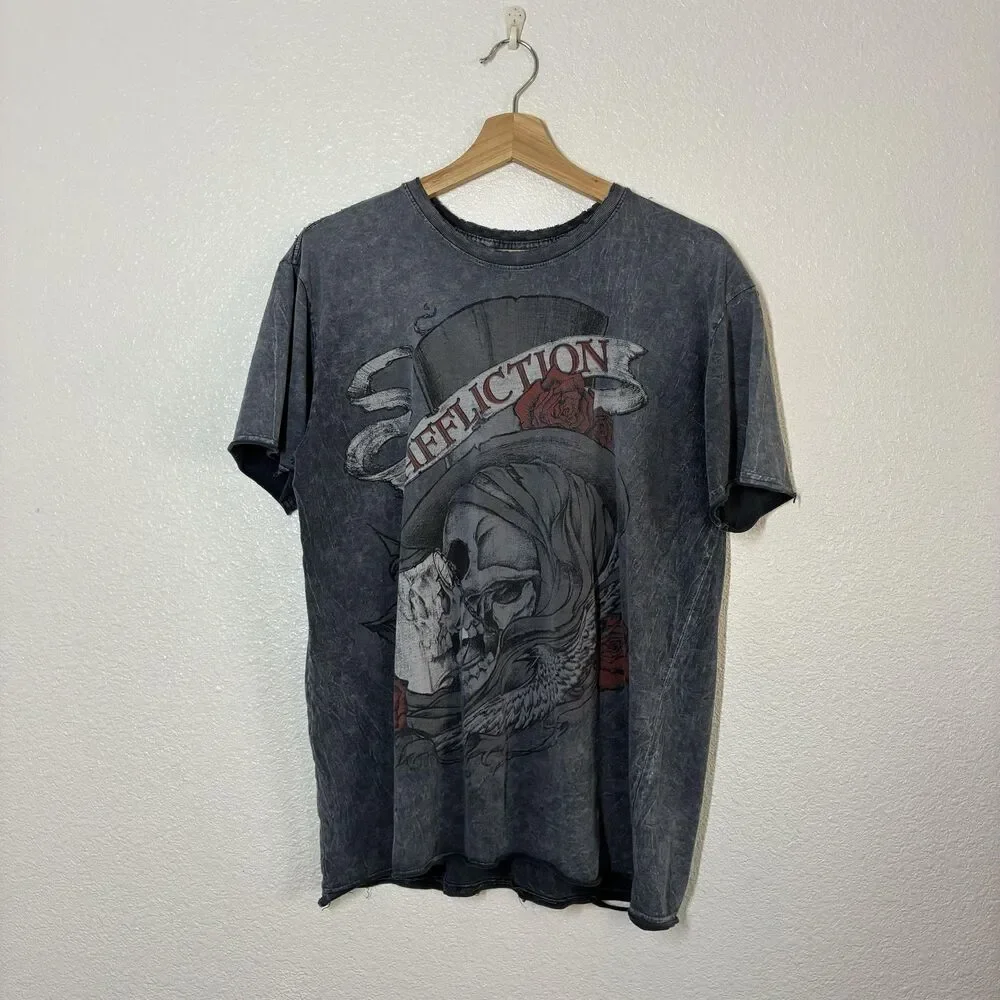 Affliction Shirt Womens Large Gray Skull Roses Top Hat Graphic Tee Gothic